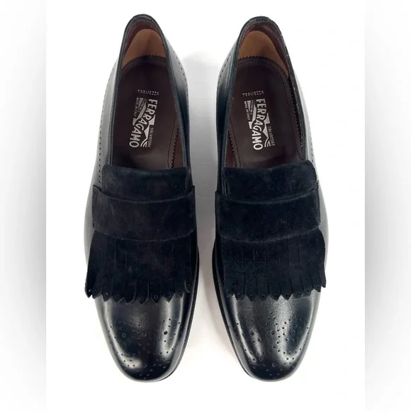 Salvatore Ferragamo Saturn Wingtip Fringe Black Leather Loafers US 7.5 - EU 41.5